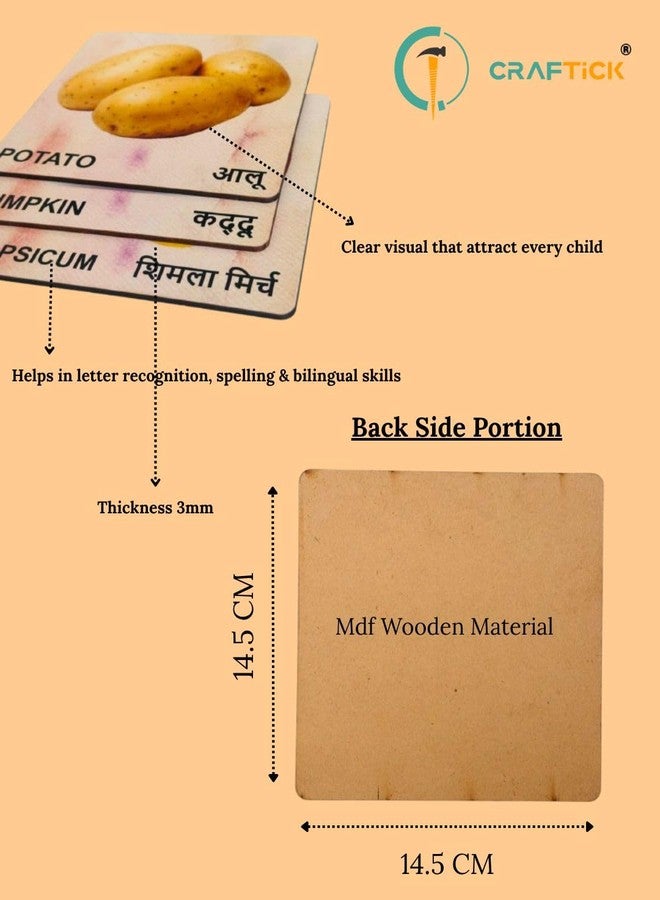 Craftick® Vegetables Wooden Flash Cards Hindi English Language for Kids | Easy & Fun Preschool Learning Activities | Educational Toys for 2+ Year Olds | Flash Cards for Kids - Image 4